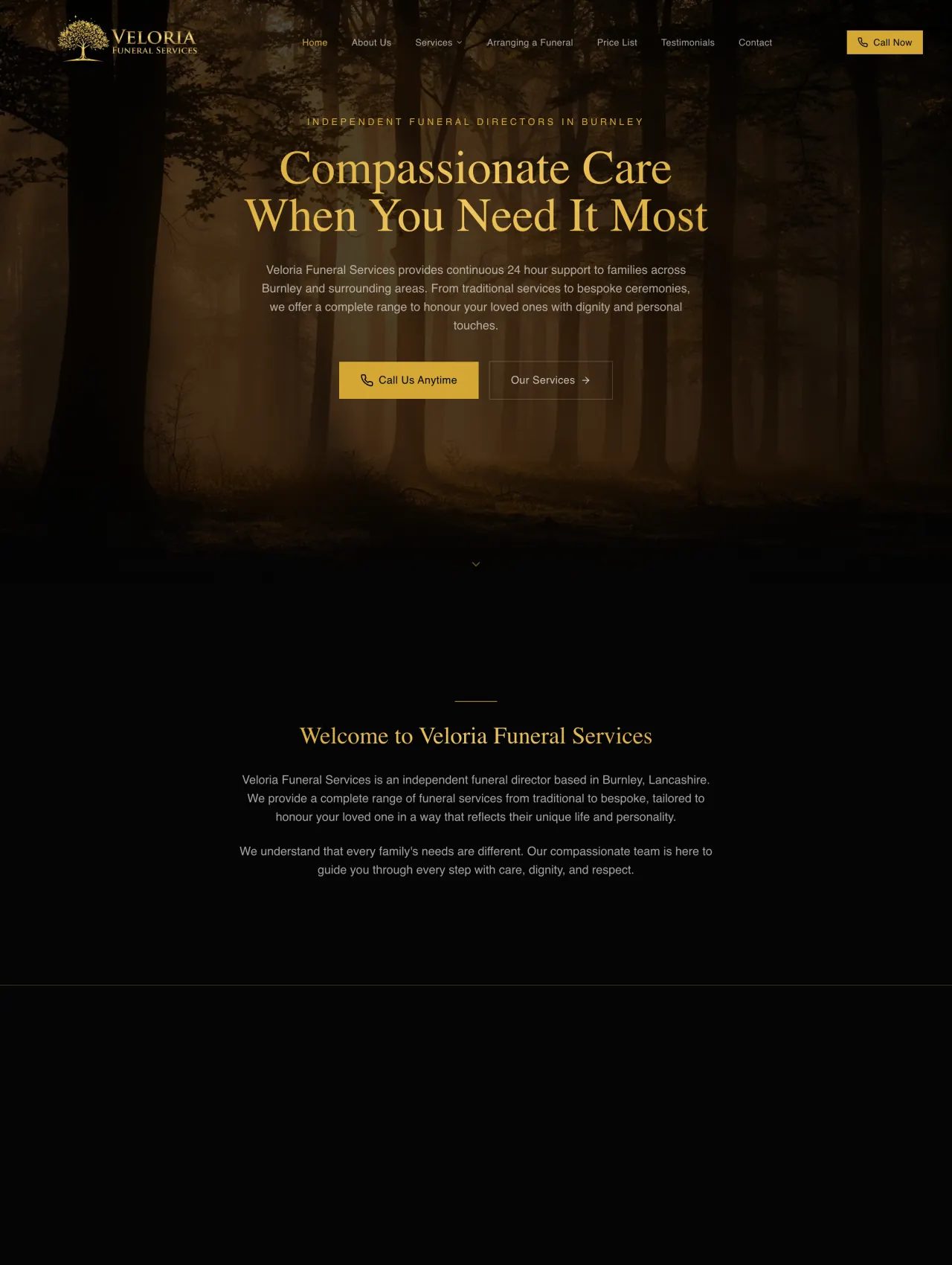 The Veloria Funeral Services website, built by Syed Websites
